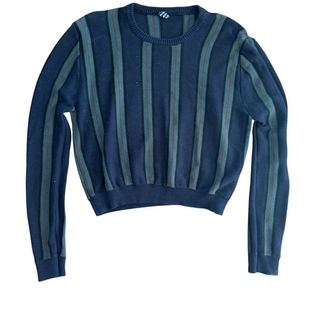 Brandy Melville Women's Green Blue Striped Print Crew Neck Sweater Size